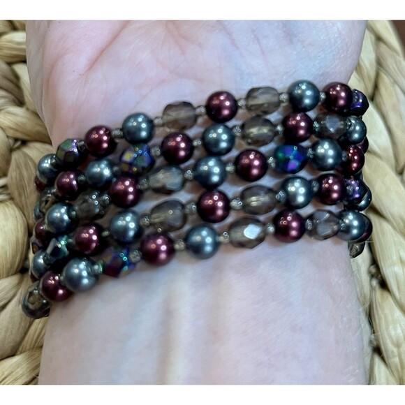 4- Stranded Bracelet Purple Aurora Borealis Faceted Glass Iridescent Fairycore - Picture 3 of 6